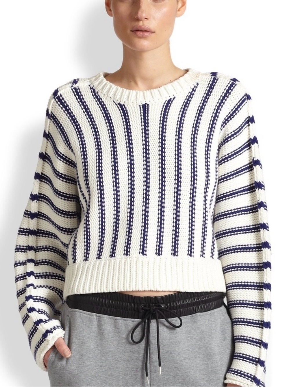 Alexander Wang Cream and Navy Striped Crewneck Sweater